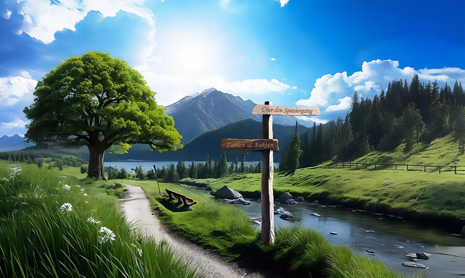 Eine virtuelle Landschaft mit einem Fluss, einer Bank und einem großen Baum