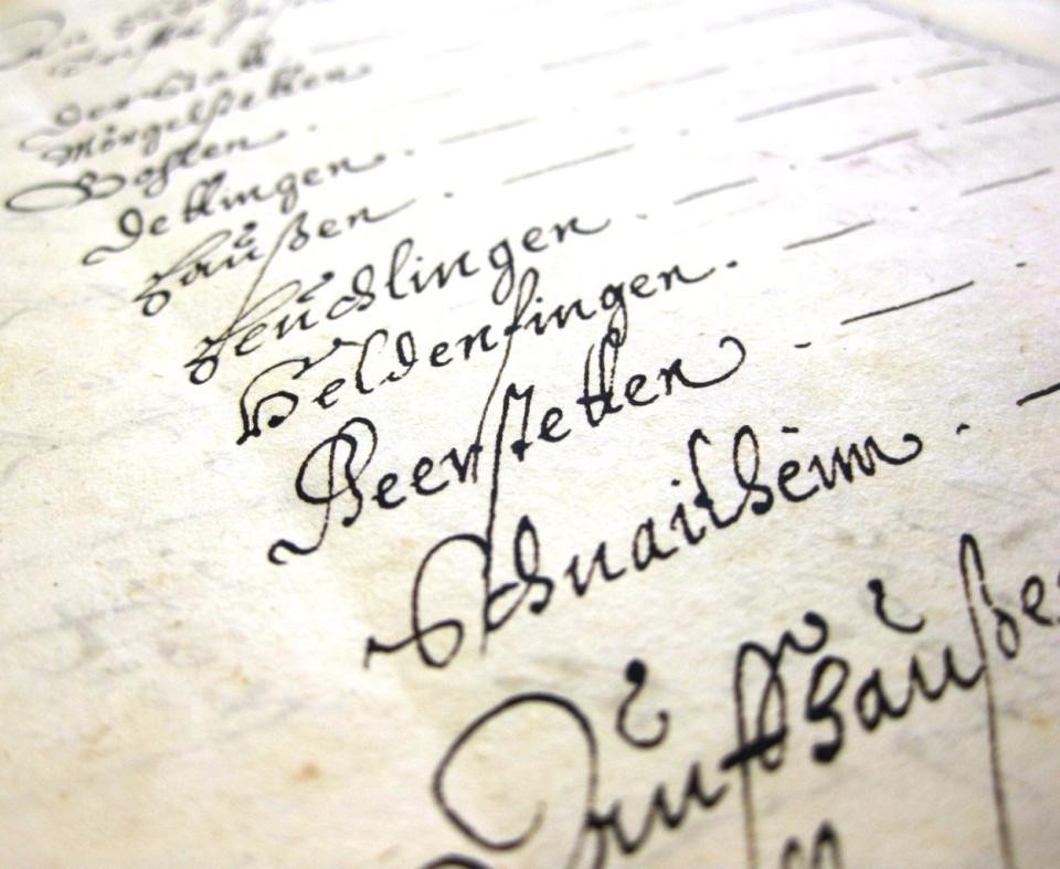 Auszug mit Ortschaftsnamen aus einem Buch im Kreisarchiv des Landkreises Heidenheim