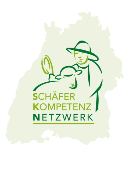 Gezeichnetes Logo mit Schäfer, Schaf und Schriftzug Schäferkompetenznetzwerk